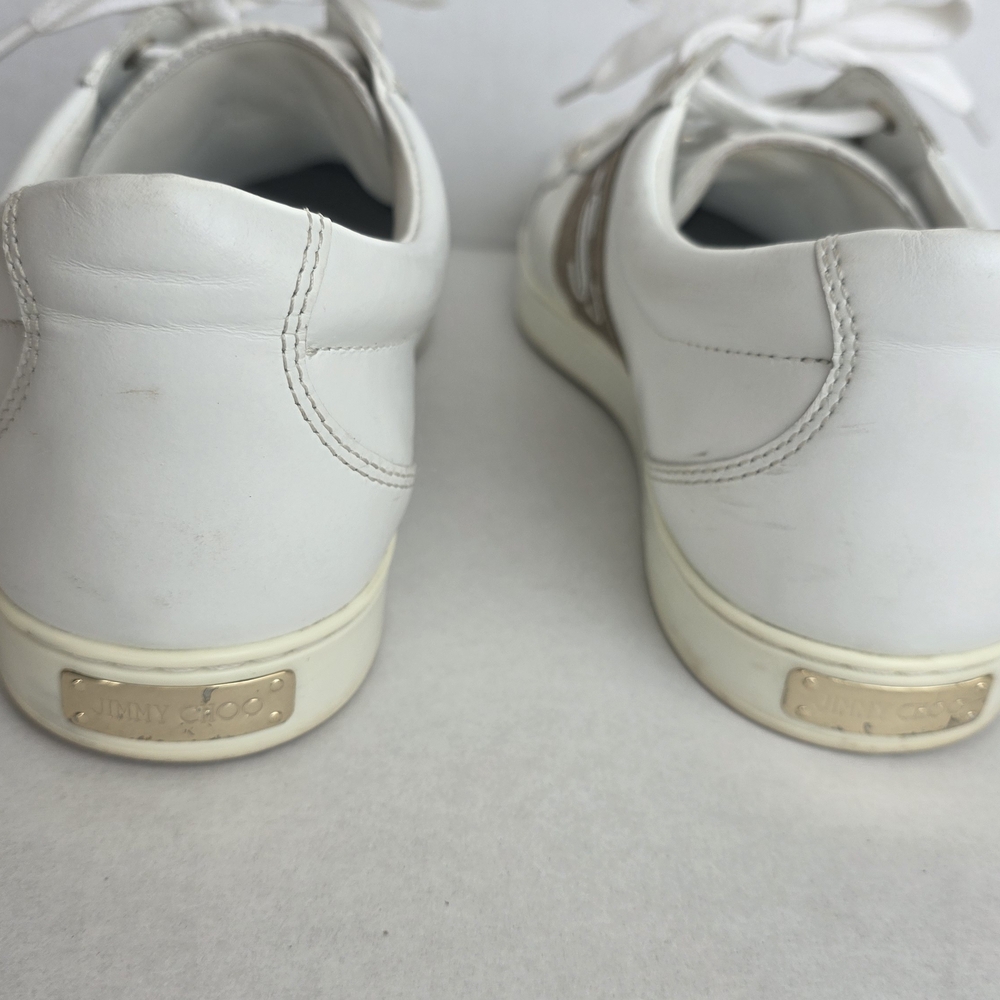 Jimmy Choo Cash White and Gold Women's Sneakers - Picture 4 of 12